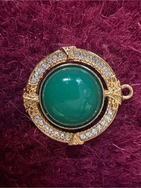 Gold-Tone Necklace Pendant with Green Cabochon and Crystal Halo